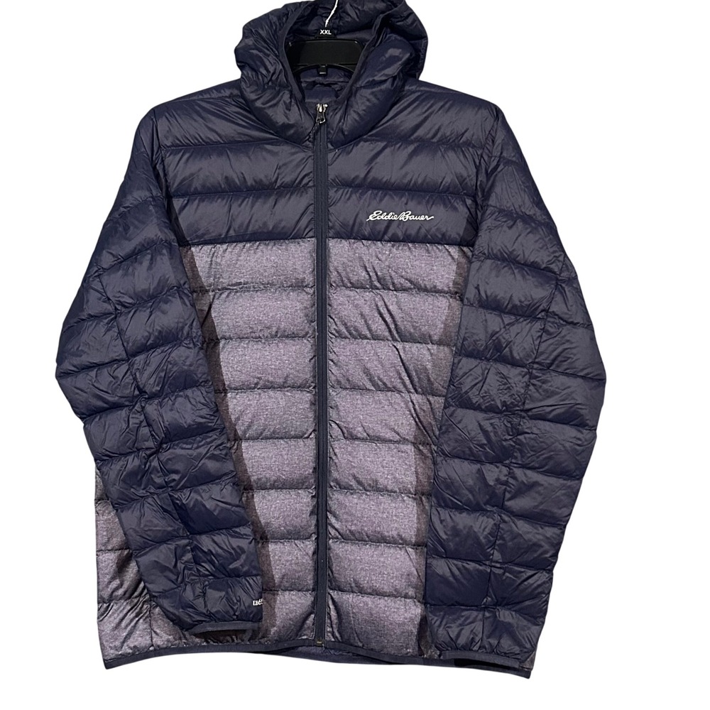 Eddie Bauer CirrusLite Hooded Jacket Mens Large Navy Gray Down Puffer 1318924